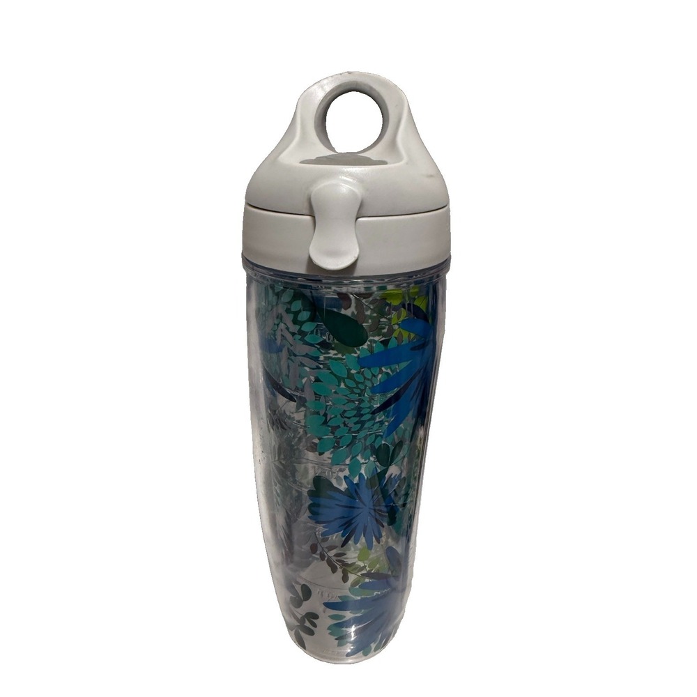 Tervis 24 Oz Floral Tumbler Blue Teal Flowers Flip Lid Made USA READ